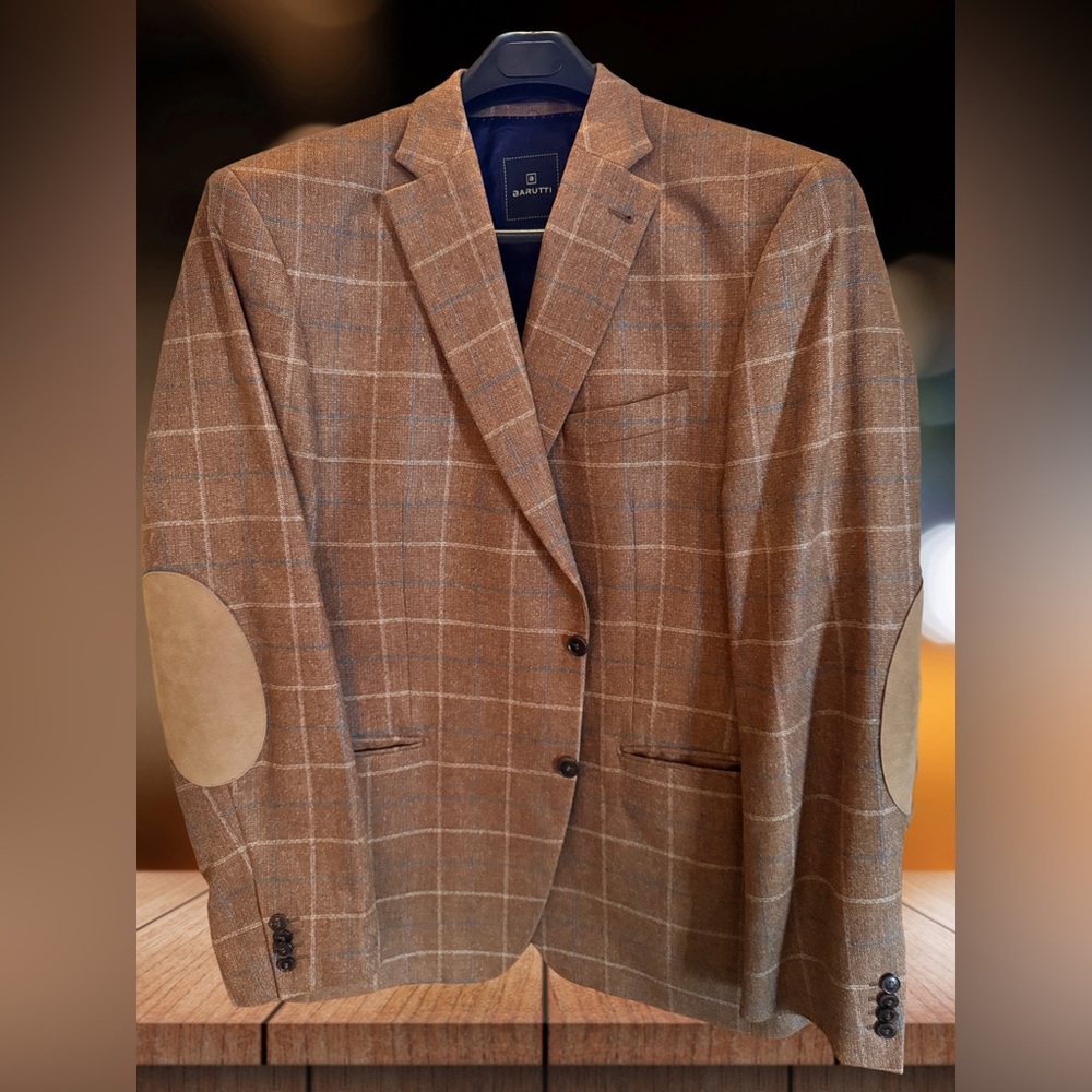 Barutti 100% Silk Sports Coat 48R Tan Plaid With Elbow Patches - Mint Condition